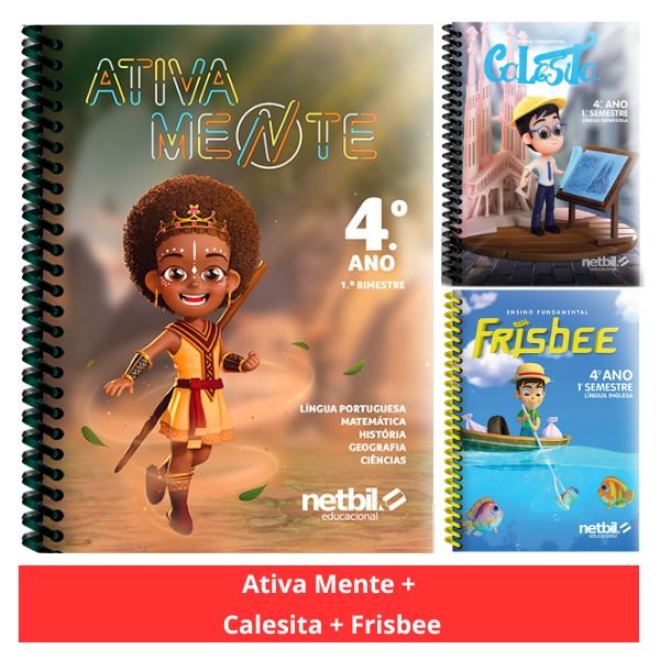 Kit Livro Didático Coleção Ativa Mente + Livro Inglês Coleção Frisbee +  Livro Espanhol Coleção Calesita – 4º Ano